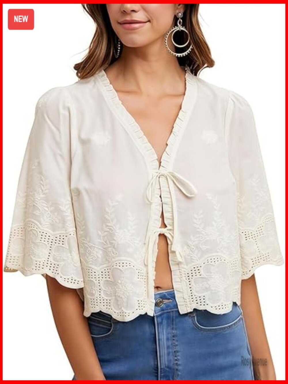 Women's Floral Embroidery Short Sleeve Blouse V Neck Bow Tie